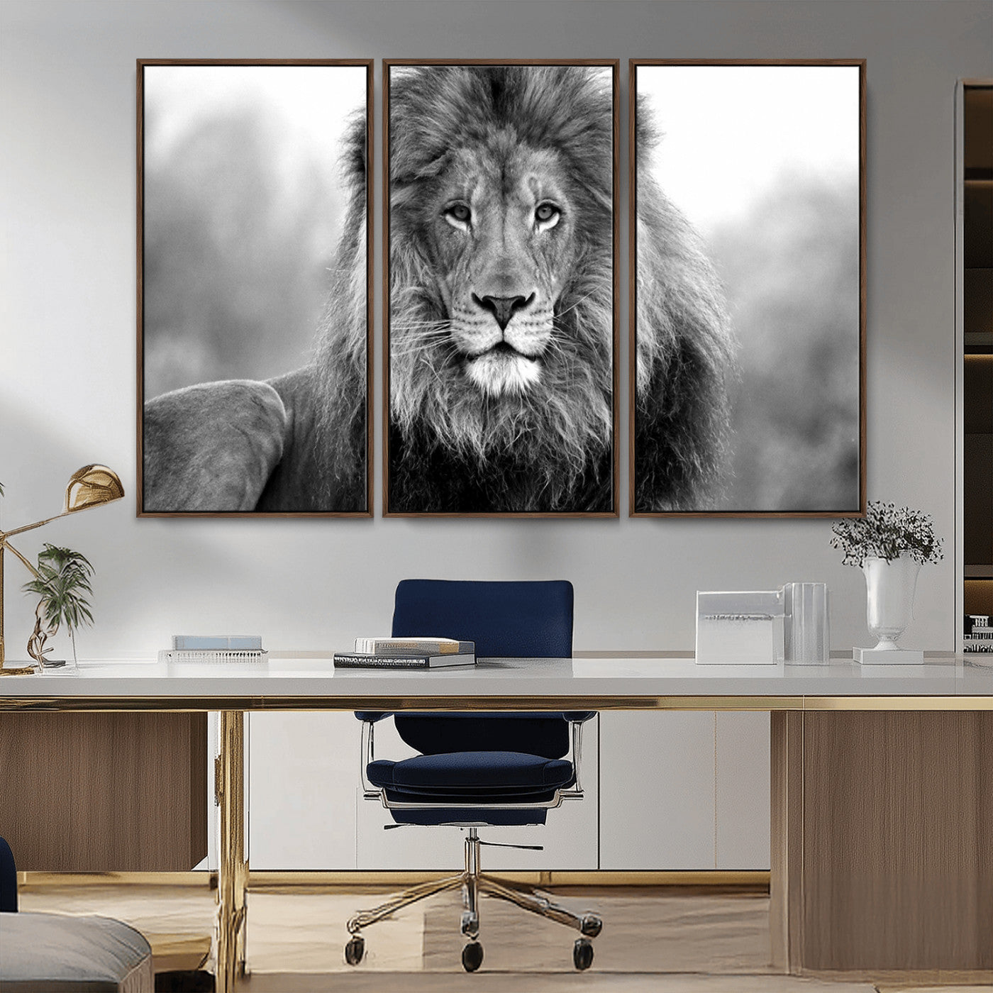 MGV-FC-48X32-3P - Black and White Lion Canvas Wall Art Animal Print