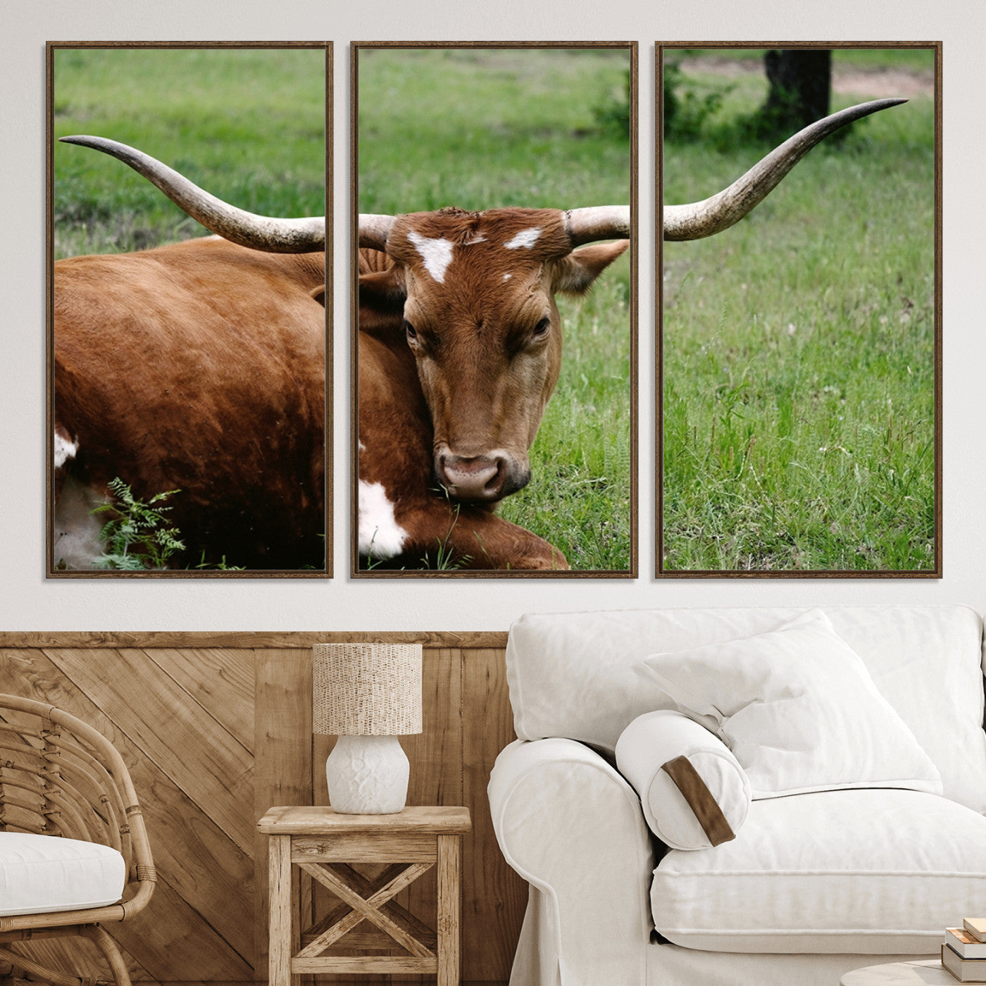45997-MGV-CV-36X24-Longhorn Steer Canvas Wall Art – Rustic Nature Triptych Decor for Living Room or Office – Ready to Hang