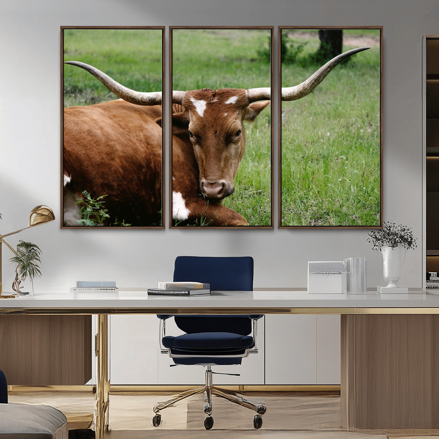 MGV-FC-48X32-3P - Longhorn Cow Animal Wall Art Canvas Print