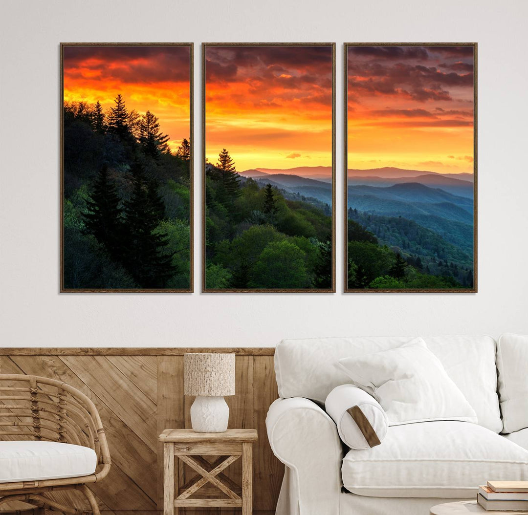 The Great Smoky Mountains Sunset Wall Art, a 3-panel print, beautifully captures natures beauty and is perfect for living room or office decor.