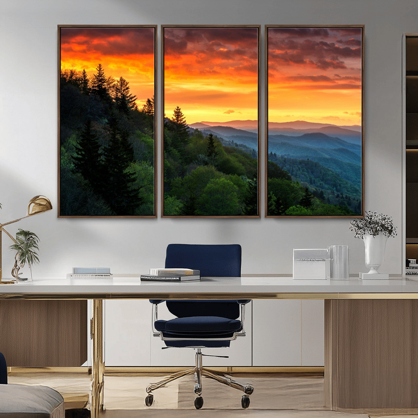 MGV-FC-48X32-3P - Great Smoky Mountains Sunset Wall Art Canvas Print | 3 Panel Large Nature Landscape Photography for