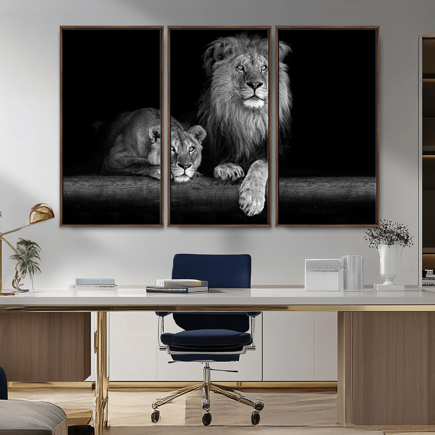 MGV-FC-48X32-3P - Large Black and White Lion Couple Wall Art Canvas Print