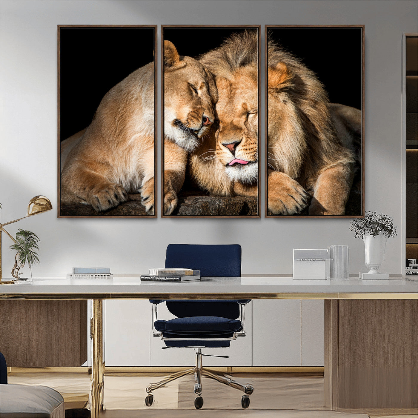 MGV-FC-48X32-3P - Lion and Lioness Wall Art Print Canvas | 3-Panel African Wildlife Canvas Print | Animal-Themed Art