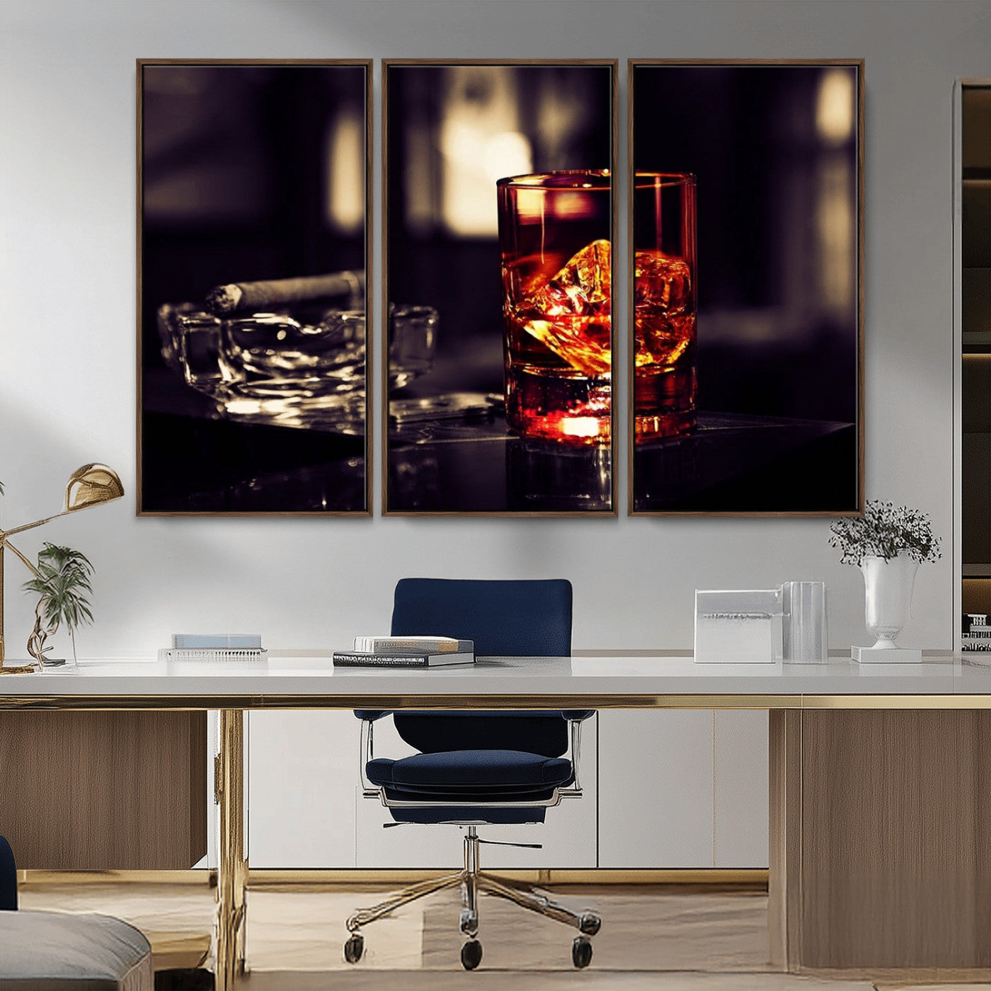 MGV-FC-48X32-3P - Whiskey and Cigar Canvas – Luxurious Wall Art for Home or Bar – Glass and Cigar Scene Print Canvas