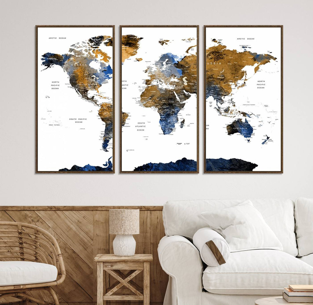 The Triptych Modern World Map Canvas in blue and brown is an ideal global decor piece for enhancing living rooms or offices. It comes ready to hang.