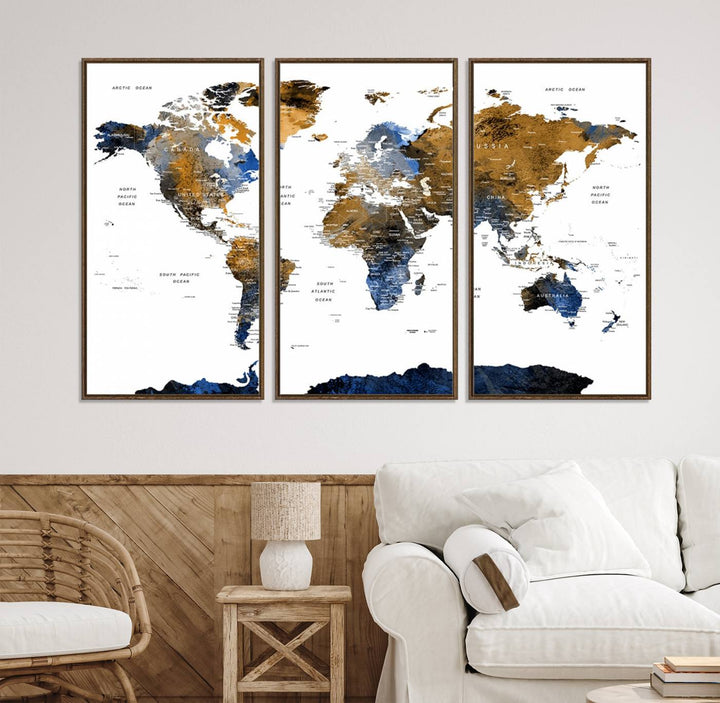 The Triptych Modern World Map Canvas in blue and brown is an ideal global decor piece for enhancing living rooms or offices. It comes ready to hang.