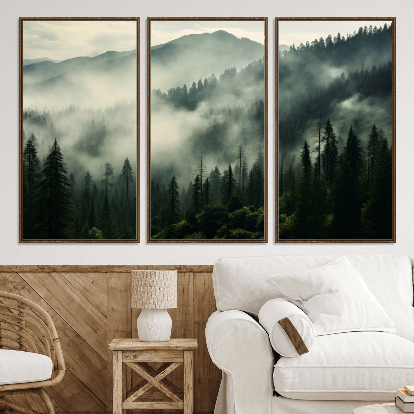 25295-MGV-CV-36X24-Captivating Misty Forest Wall Art Premium Canvas Print a Foggy and Serene Atmosphere