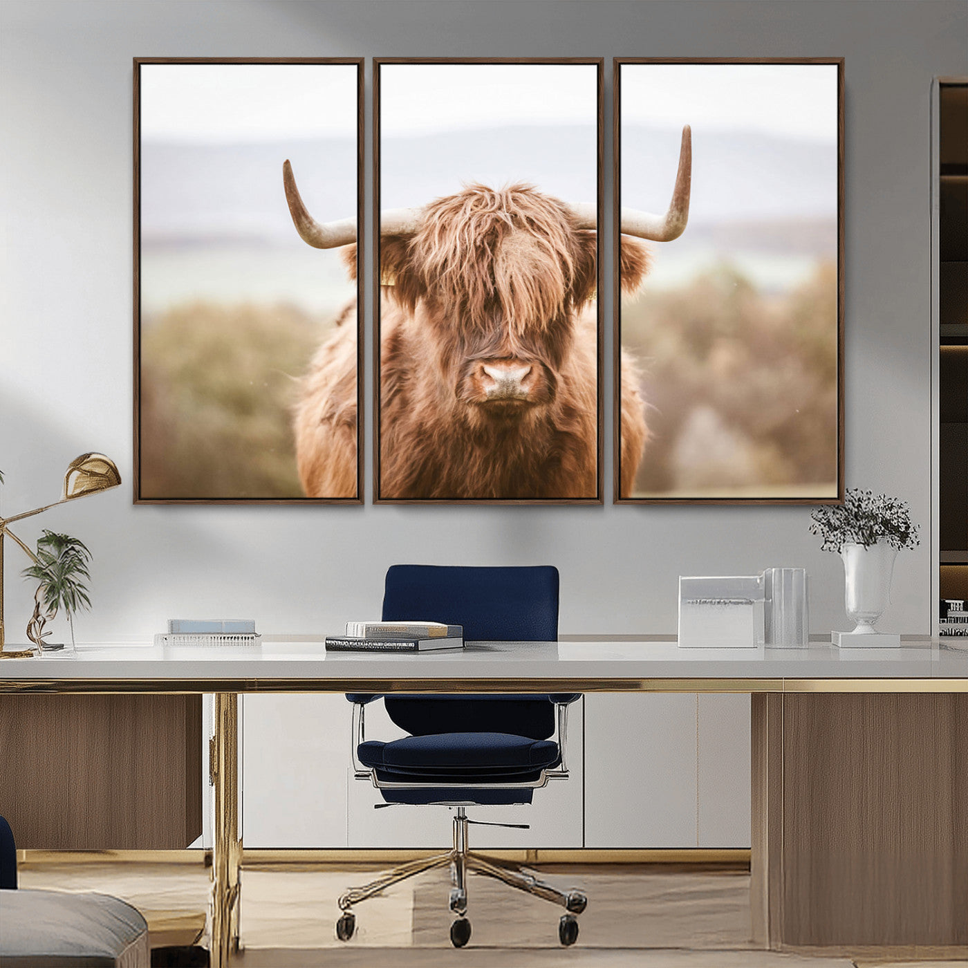 MGV-FC-48X32-3P - Scottish Serene Highland Cow Canvas Wall Art – Serene Highland Cow in Natural Pastel Tones – Ready