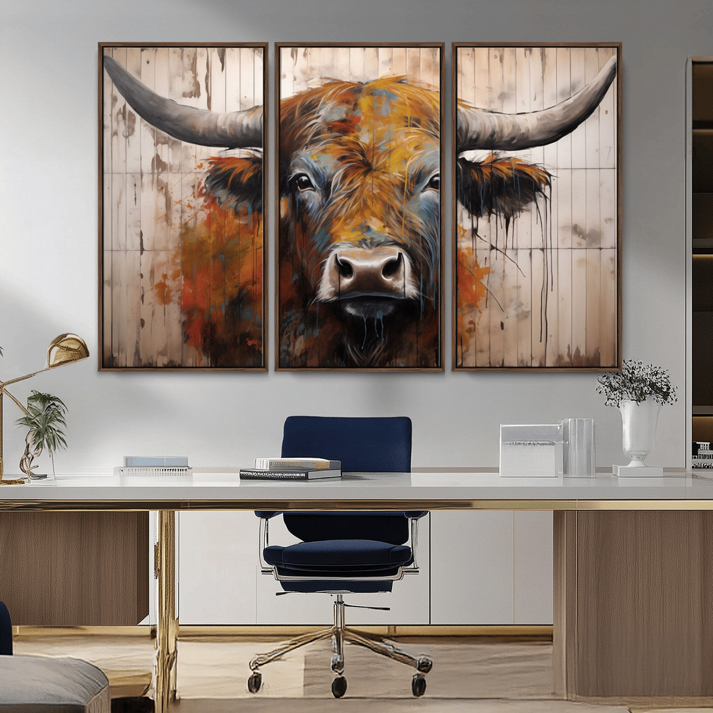 MGV-FC-48X32-3P - Scottish Highland Cow Cattle Art Print on Wood Style Background