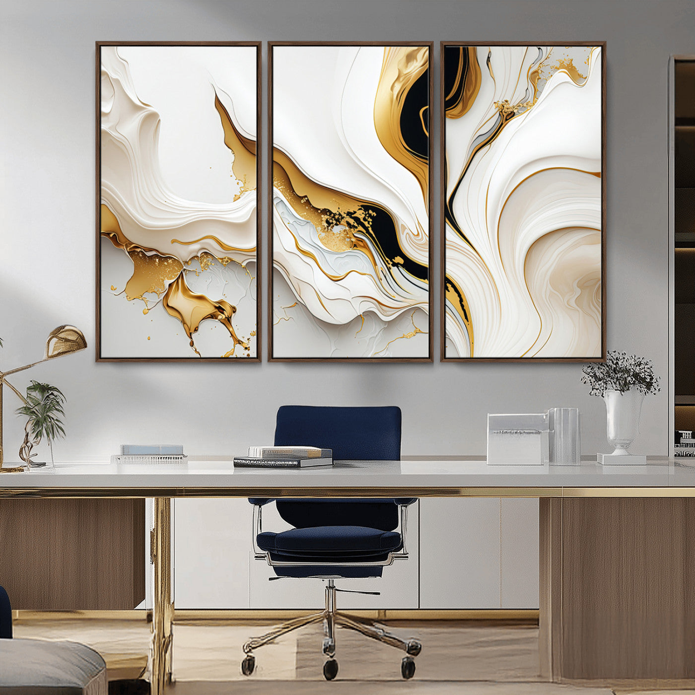 -Gold Waves on Pure White Canvas – Gold Abstract Art for Modern Interiors | Wall Art Canvas, Framed &