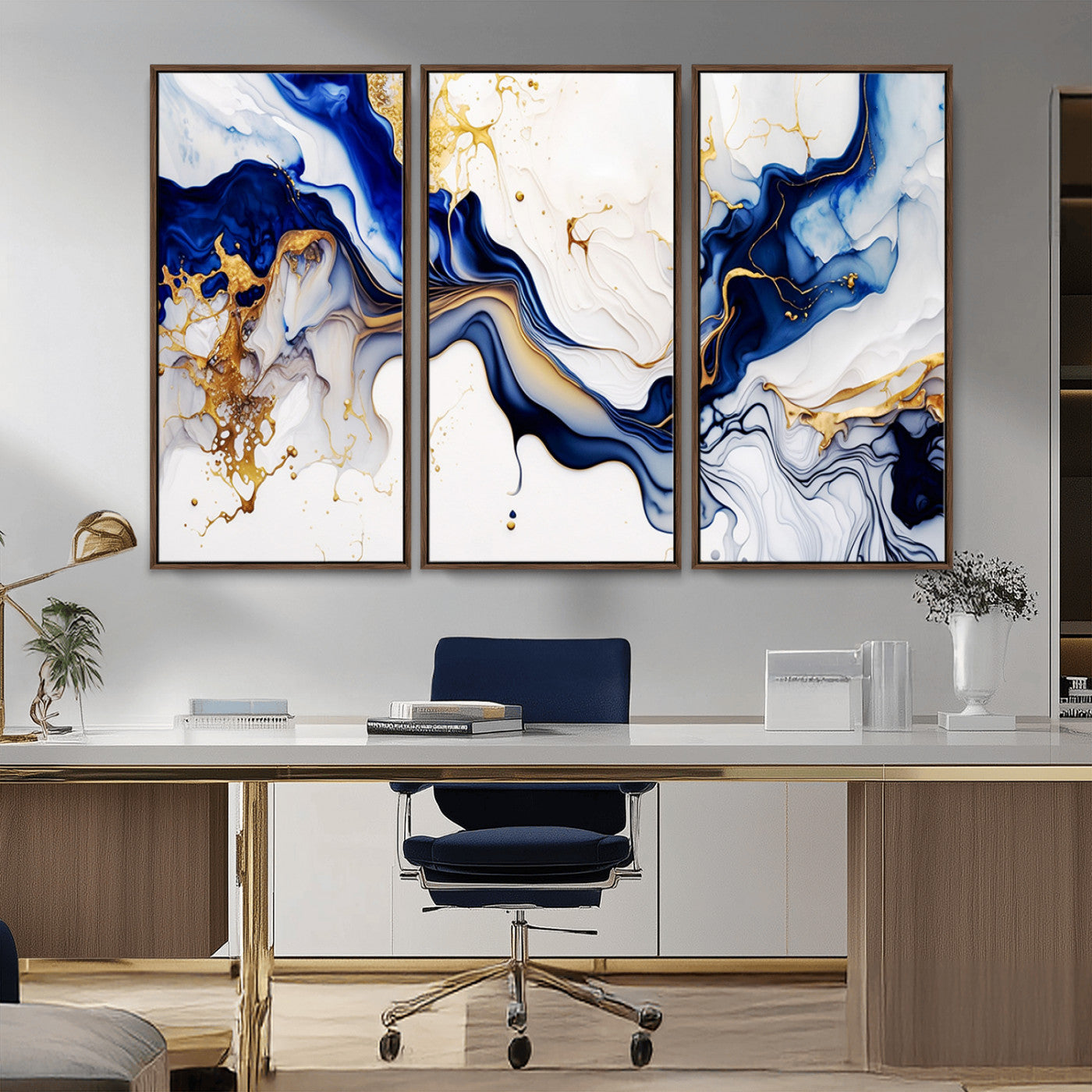 MGV-FC-48X32-3P - Golden Cascades on Midnight Blue – Deep Blue Abstract Wall Art Flowing Elegance | Wall Art Canvas,