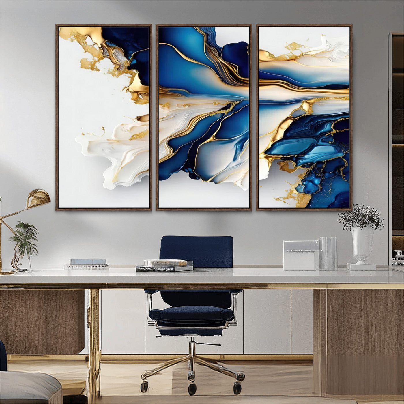 MGV-FC-48X32-3P - Gold Marble Art - Abstract Geode Gold And Blue Marble Shape 3 Pieces Wall Art Canvas Print