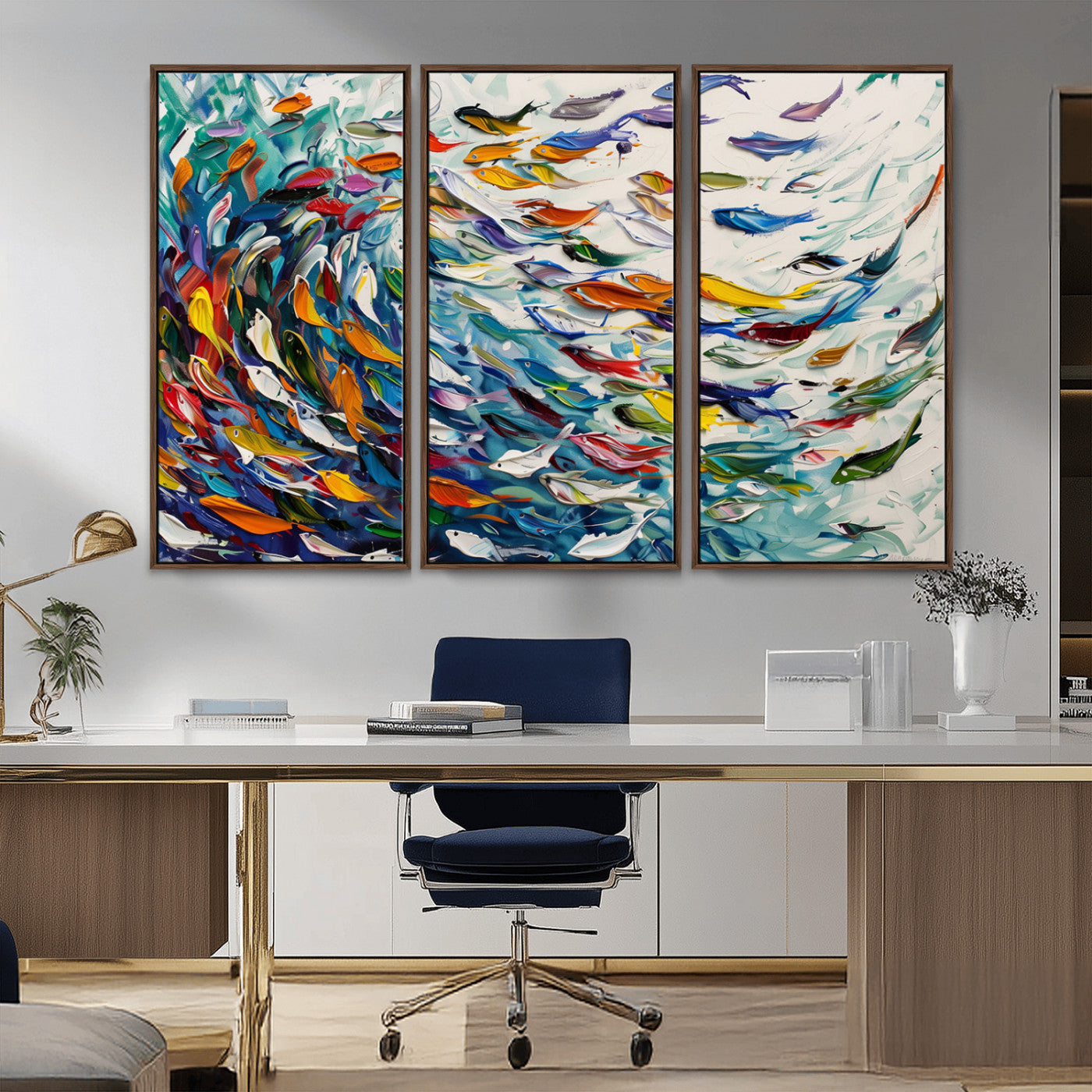 MGV-FC-48X32-3P - Modern Abstract Fish Shoal Wall Art Canvas Print, Colorful Fish Herd Painting on Canvas Print, Ocean
