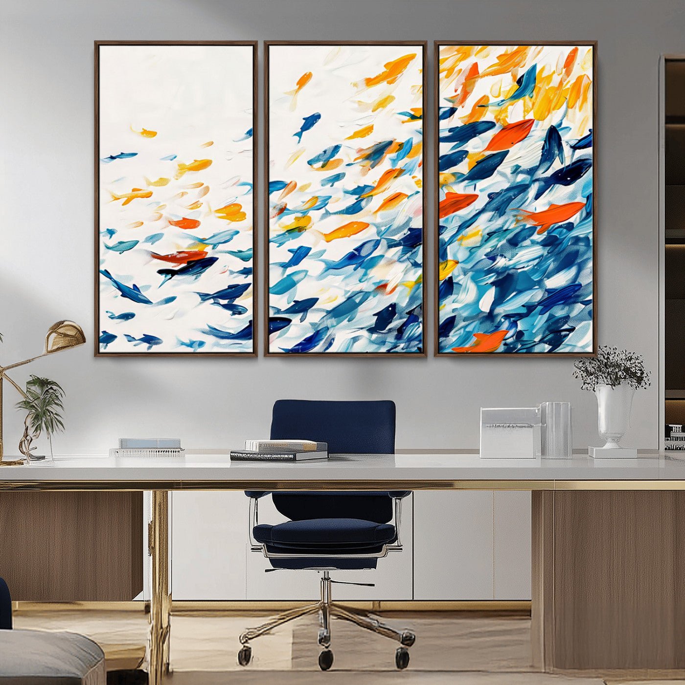MGV-FC-48X32-3P - Abstract Fish Shoal Wall Art Canvas Print, Colorful Fish Herd Painting on Canvas Print, Ocean Animal