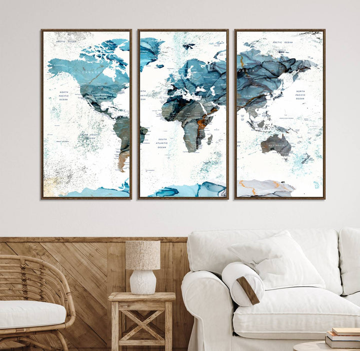 Push Pin World Map Wall Art Canvas Print adds a touch of elegance to the home decor.