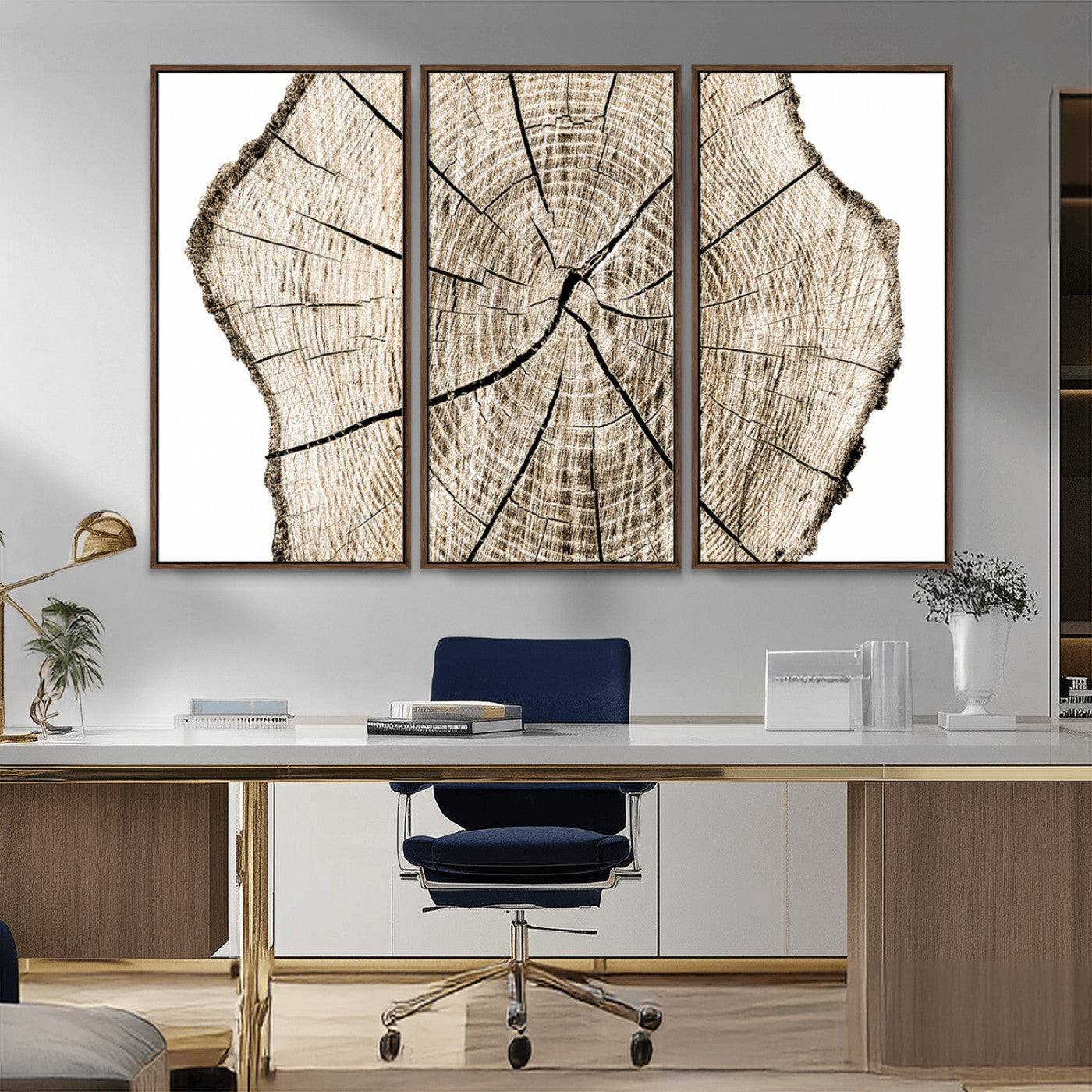 MGV-FC-48X32-3P - Abstract Wood Tree Ring Wall Art - Ready to Hang Minimalist Wooden Design for Rustic & Contemporary