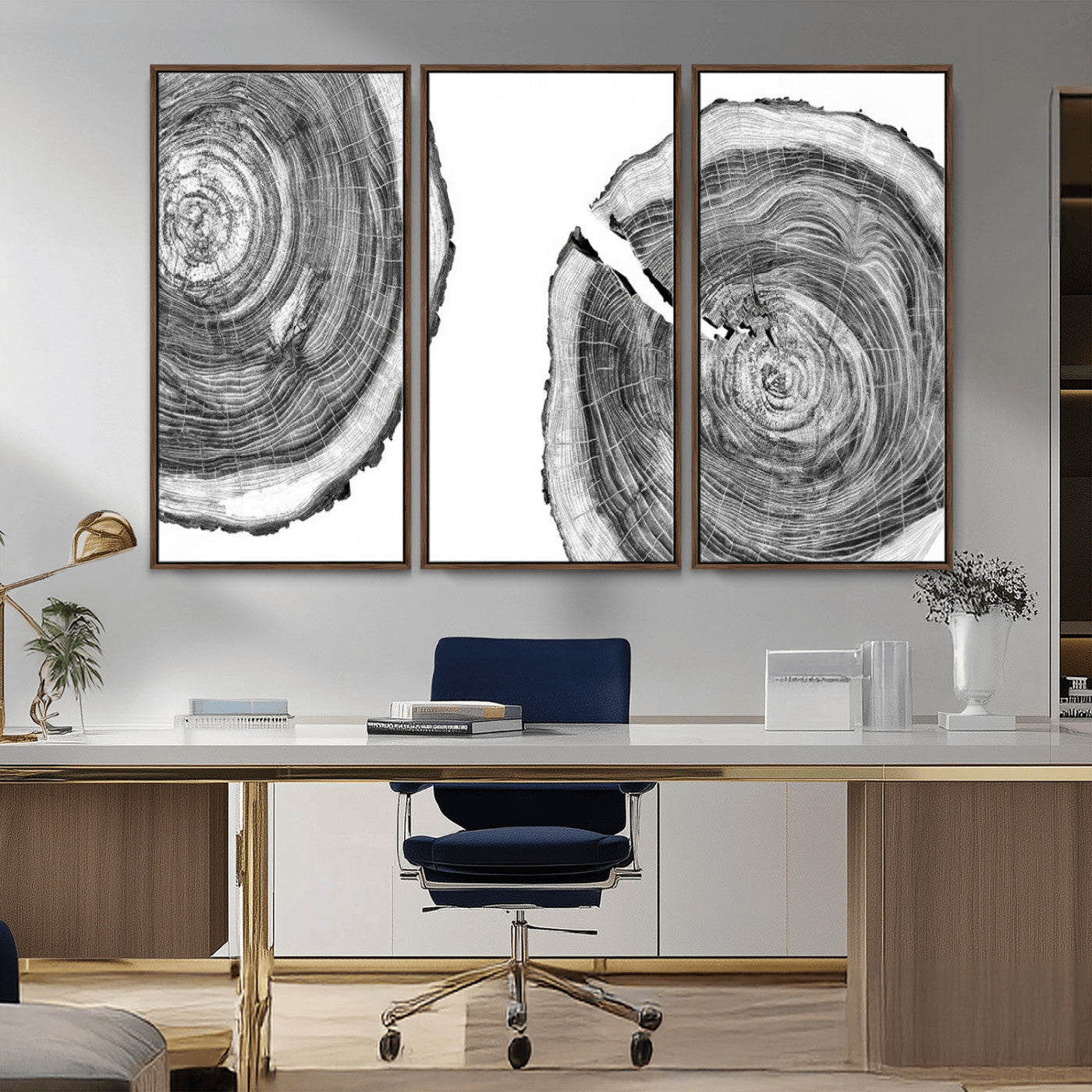 MGV-FC-48X32-3P - Modern Black and White Tree Rings Canvas Wall Art – Nature Inspired Wood Slice Print – Minimalist