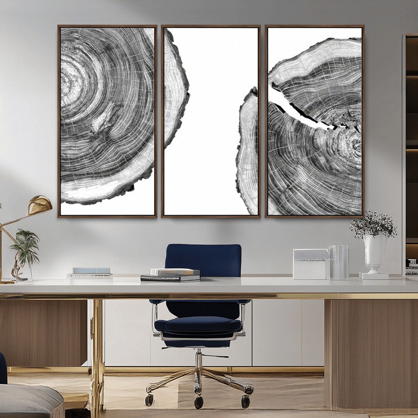 MGV-FC-48X32-3P - Abstract Large Tree Rings – Minimalist Black and White Wood Art | Triptych Canvas, Modern Wall Decor