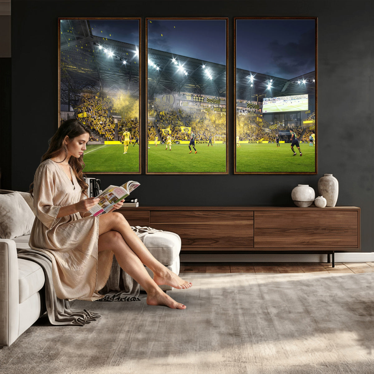 65820-MGV-CV-36X24 - Columbus Crew Stadium Match Triple Canvas Wall Art - Dynamic MLS Game Scene Canvas Wall Art
