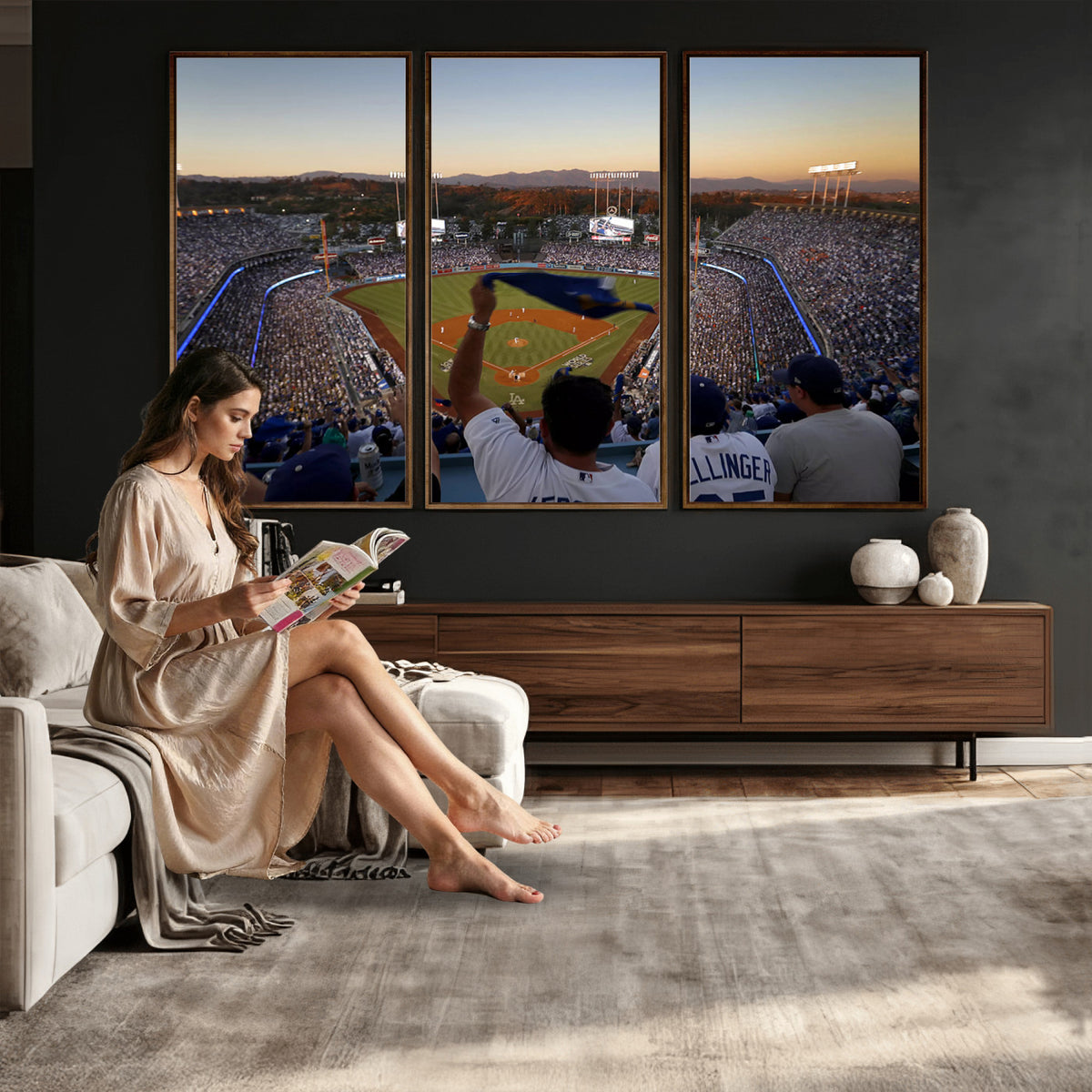 60162-MGV-CV-36X24 - Dodger Stadium Sunset Game Triple Canvas Wall Art, Los Angeles Dodgers MLB Match