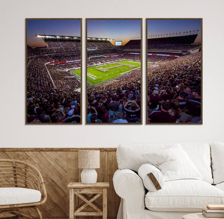 A vibrant canvas print of Texas A&M Aggies at College Stations Kyle Field Stadium captures the energy of fans cheering as the band marches at sunset.