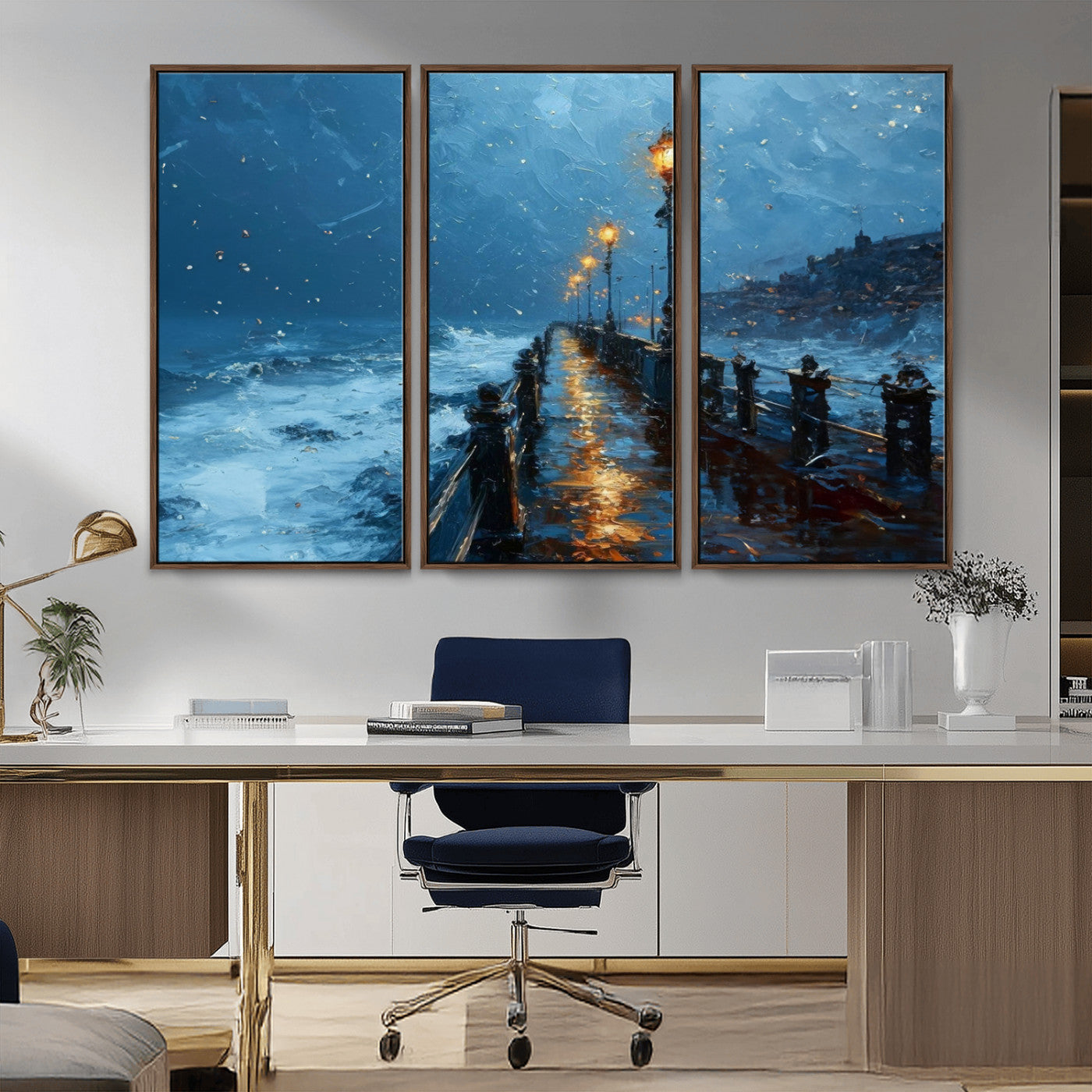 MGV-FC-48X32-3P - Stormy Night at Beach Pier Oil Painting Large Wall Art Print, Framed Canvas Nature Wall Decor,