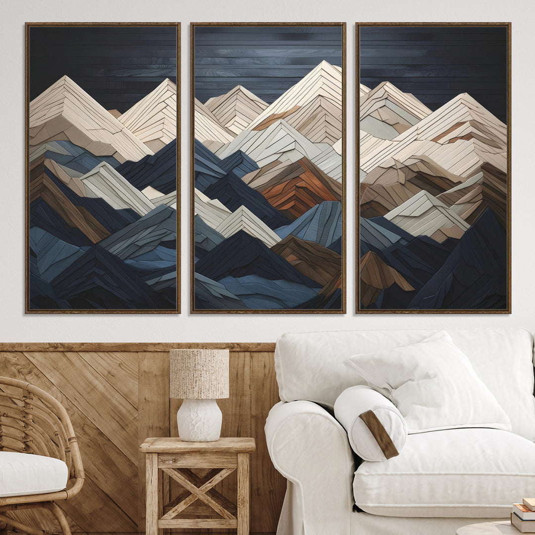 Rustic Mountain Landscape Wall Art Print - Wooden 3D Effect Mountain Canvas Print - Textured Peaks Wall Art for Cabin or Lodge Decor