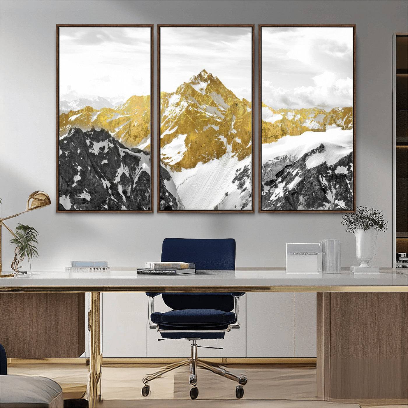 MGV-FC-48X32-3P - Gold Abstract Mountains Wall Art Print on Canvas, Nature Wall Art Print,