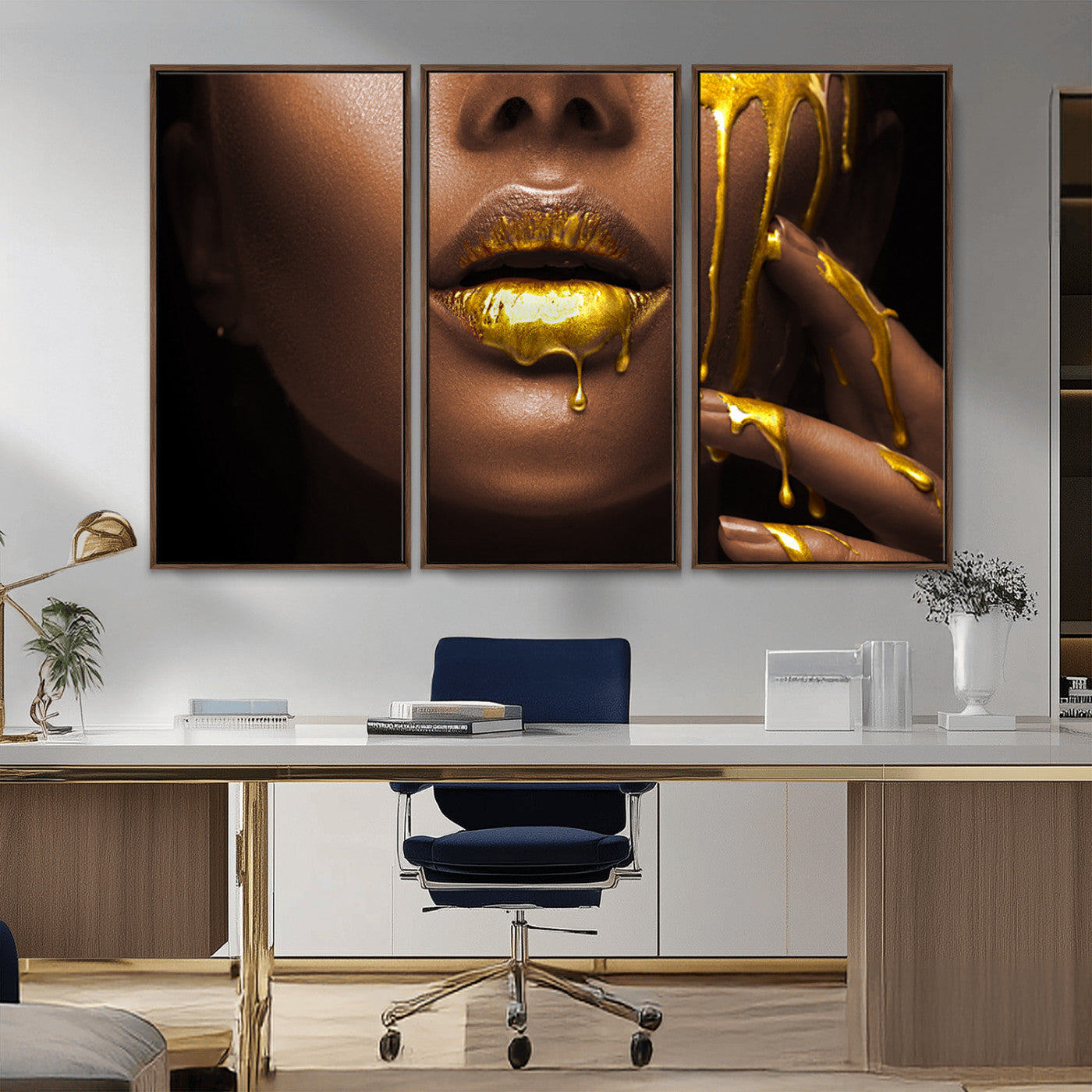 MGV-FC-48X32-3P - African American Art Black Woman Canvas Print, African Wall Art, Fashion African Woman Gold Lips