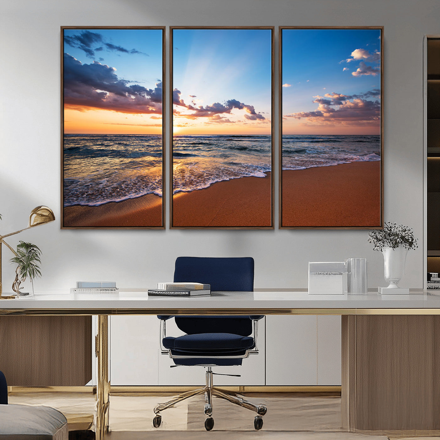 MGV-FC-48X32-3P - Golden Hour Beach Sunset Wall Art | Canvas Print | Ready to Hang | Coastal Wall Art for Living Room