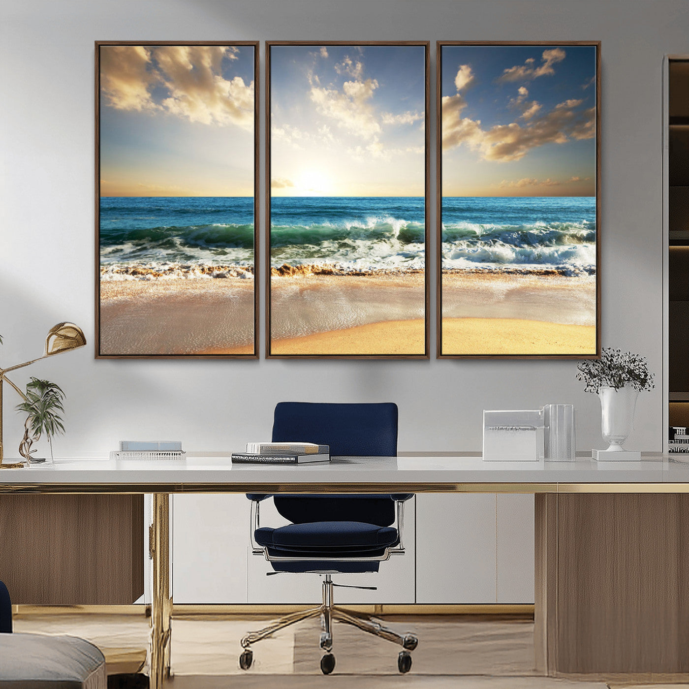 MGV-FC-48X32-3P - Golden Sunset Beach Triptych Canvas Wall Art for Living Room – 3-Panel Ocean View, Framed & Ready to