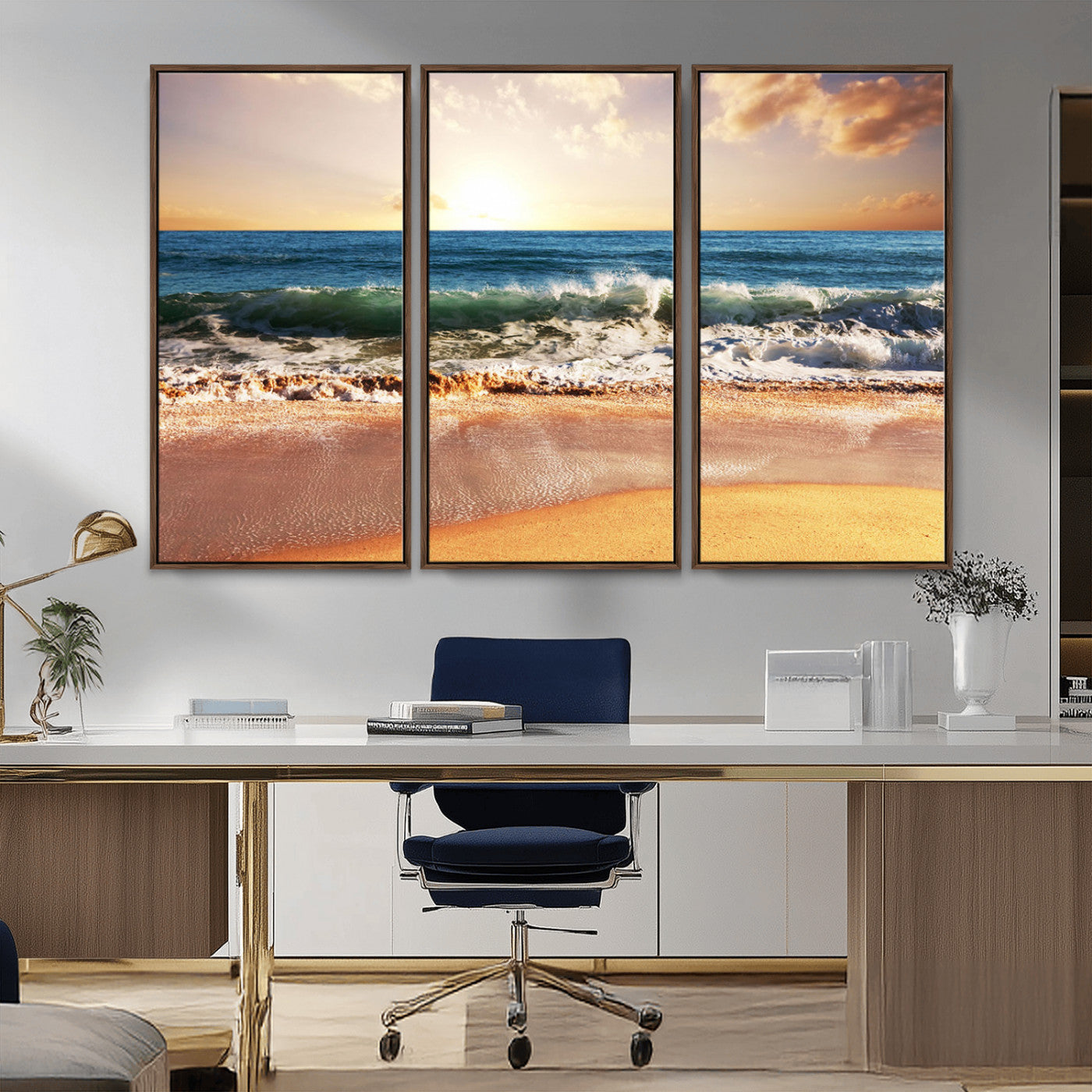 MGV-FC-48X32-3P - Sunset Beach Wall Art - 3-Panel Framed Canvas Print, Ready to Hang Ocean Sunset for Coastal and