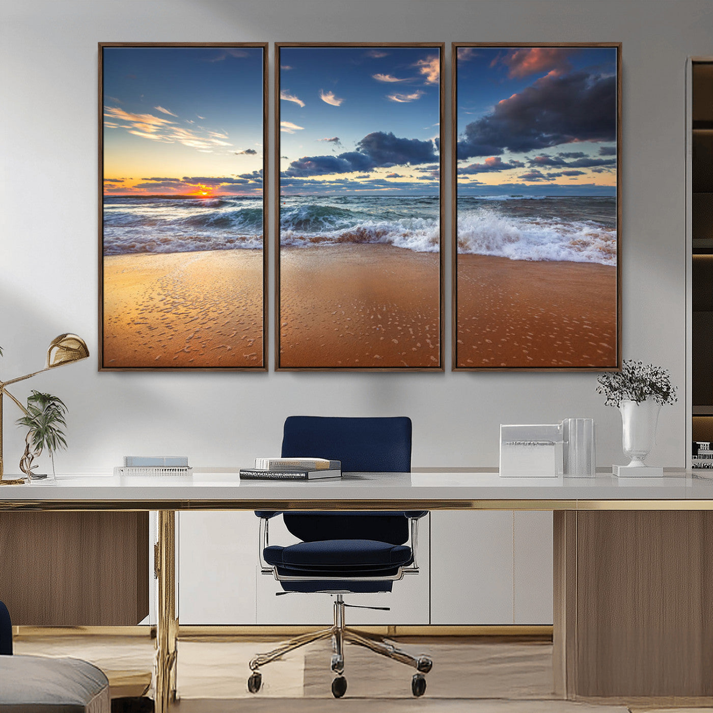 MGV-FC-48X32-3P - Beach Canvas Wall Art - Coastal Seascape Print for Living Room or Bedroom, Ocean Waves on Sand,