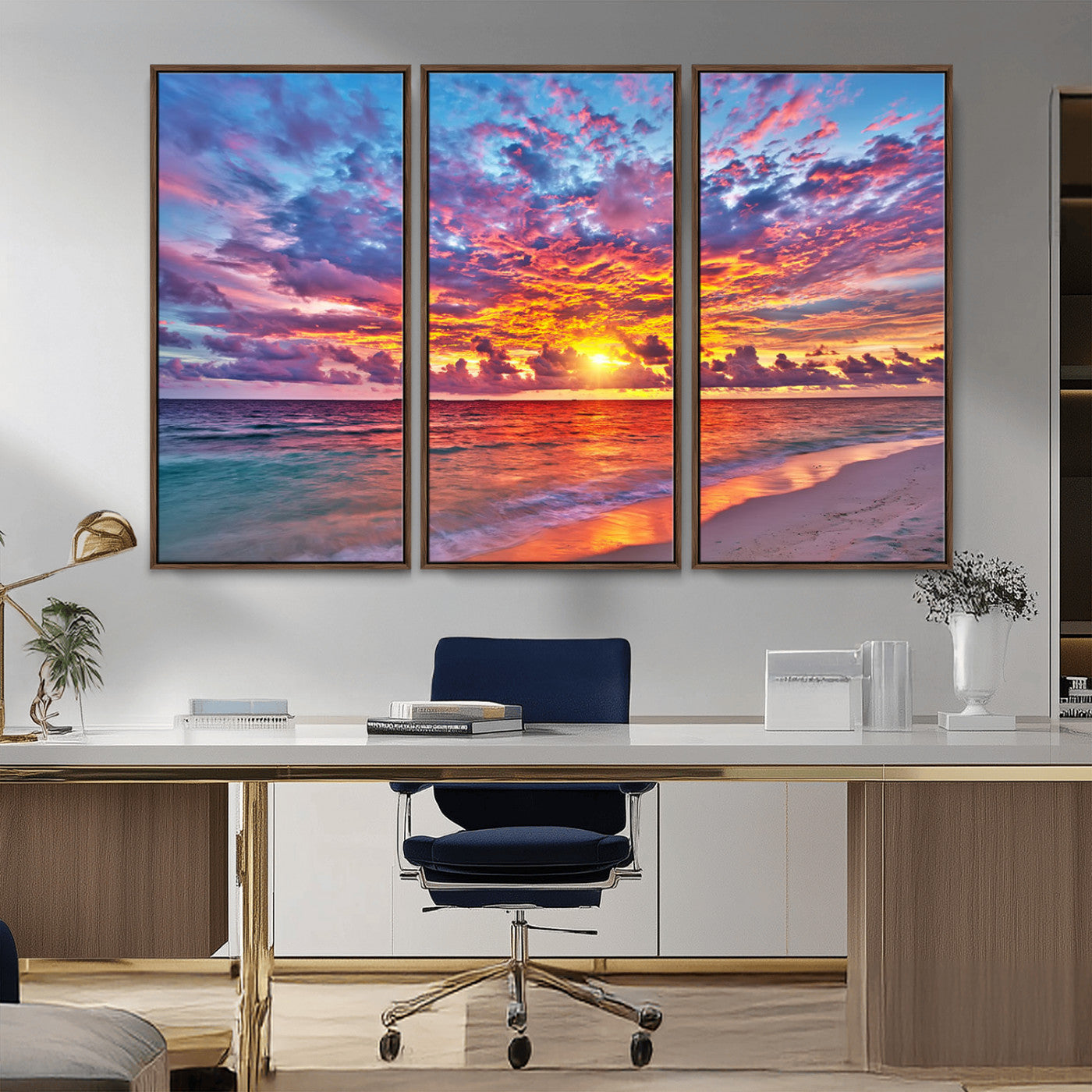 MGV-FC-48X32-3P - Vibrant Sunset Beach Wall Art - Ocean Sunset Canvas Print | Coastal Wall Art Decor Stunning Sunset