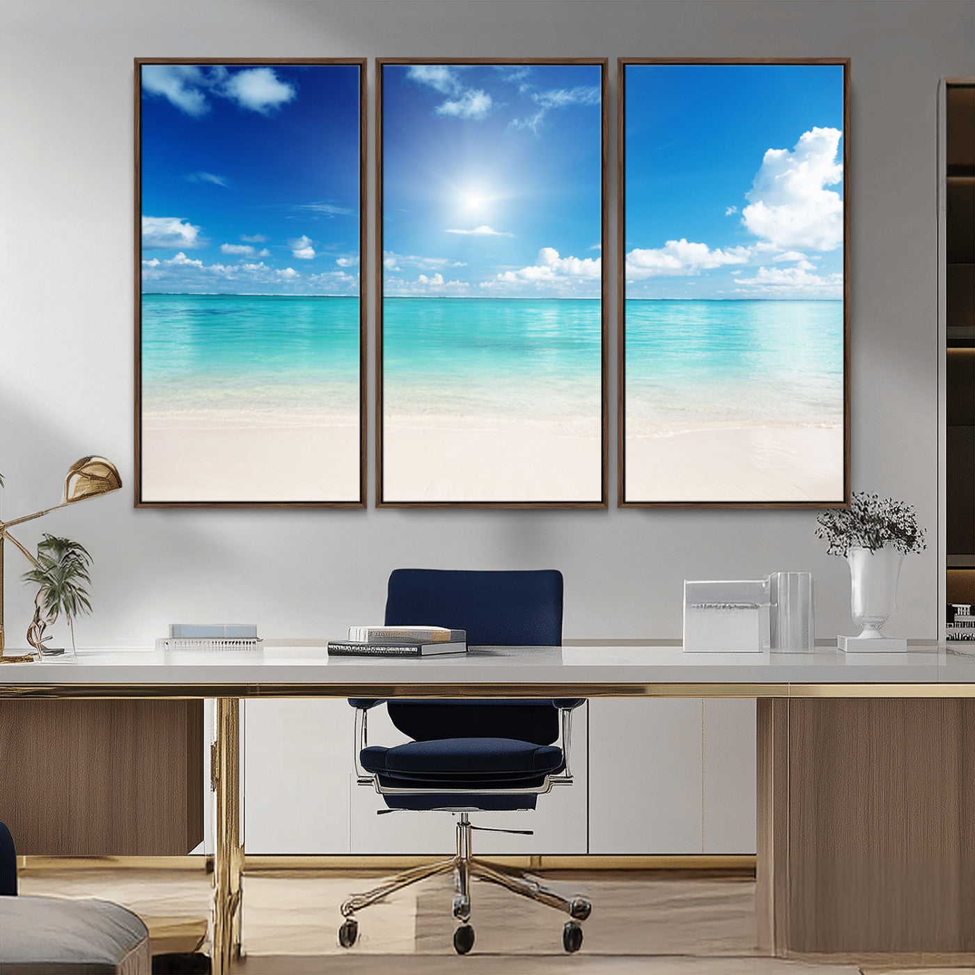 MGV-FC-48X32-3P - Blue Ocean Wall Art Canvas Print - Tranquil Ocean Paradise Triptych Wall Art - Ready to Hang Beach