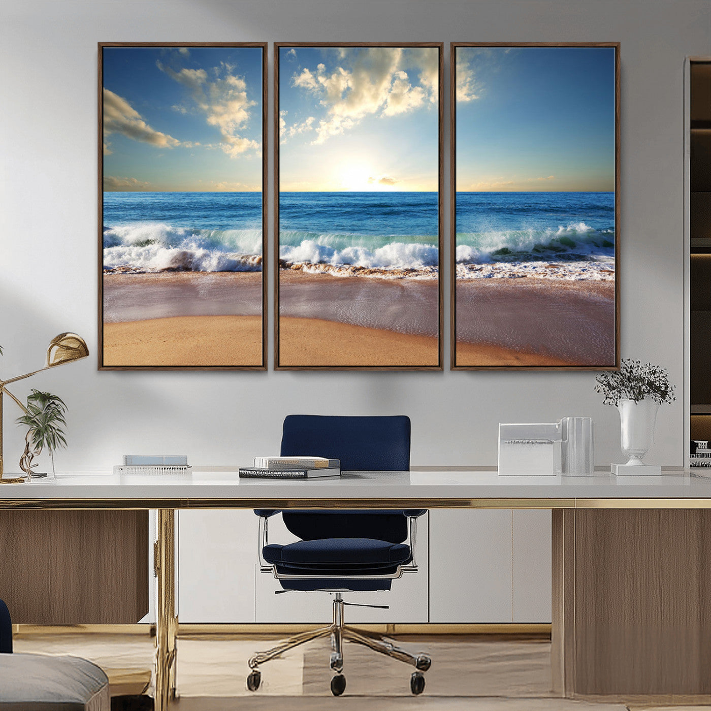 MGV-FC-48X32-3P - Serene Ocean Sunset Canvas Wall Art - Beach Waves at Sunset, Ready to Hang