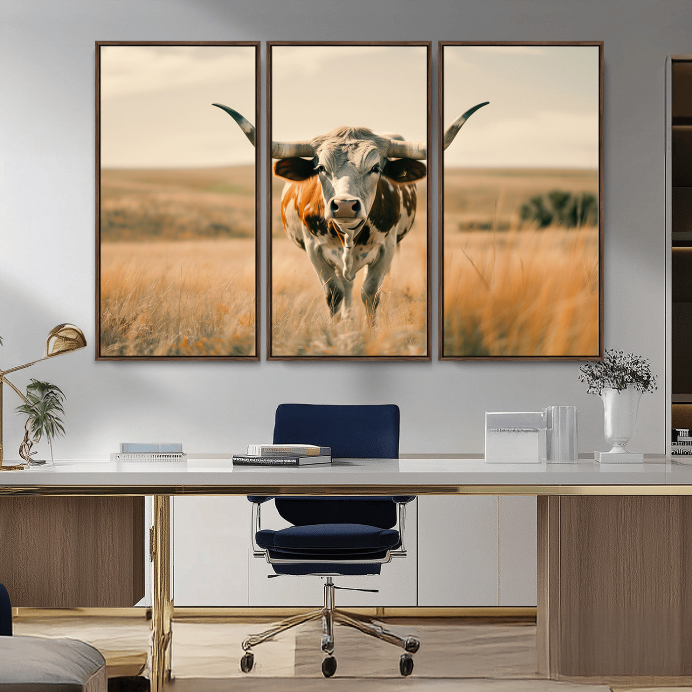MGV-FC-48X32-3P - Texas Cow Wall Art Canvas Print for Farm House Wall Decor, Farmhouse Wall Art Print