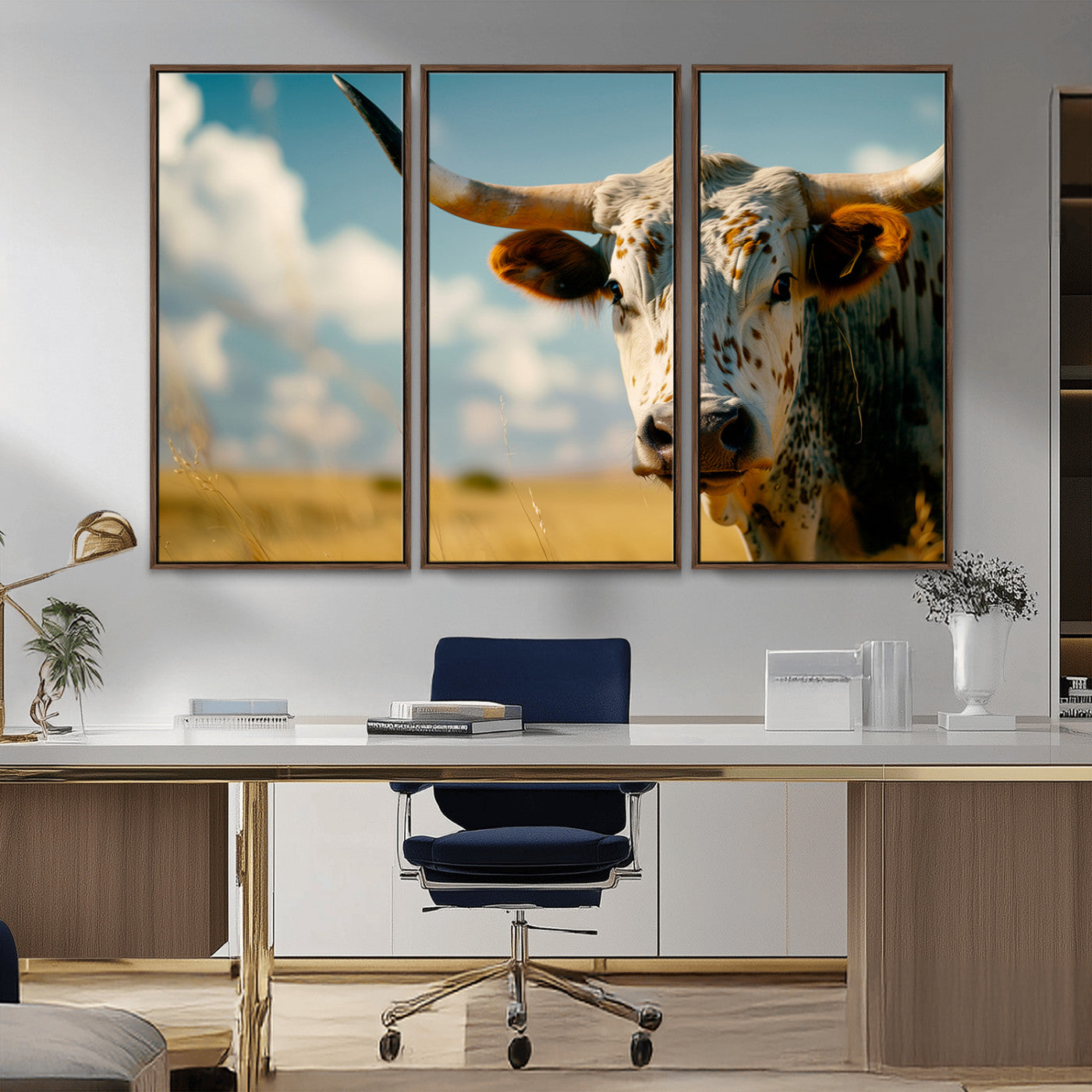 MGV-FC-48X32-3P - Longhorn in the Prairie - Stunning Ranch-Style Triptych Wall Art for Western Home Decor, Cowboy Wall