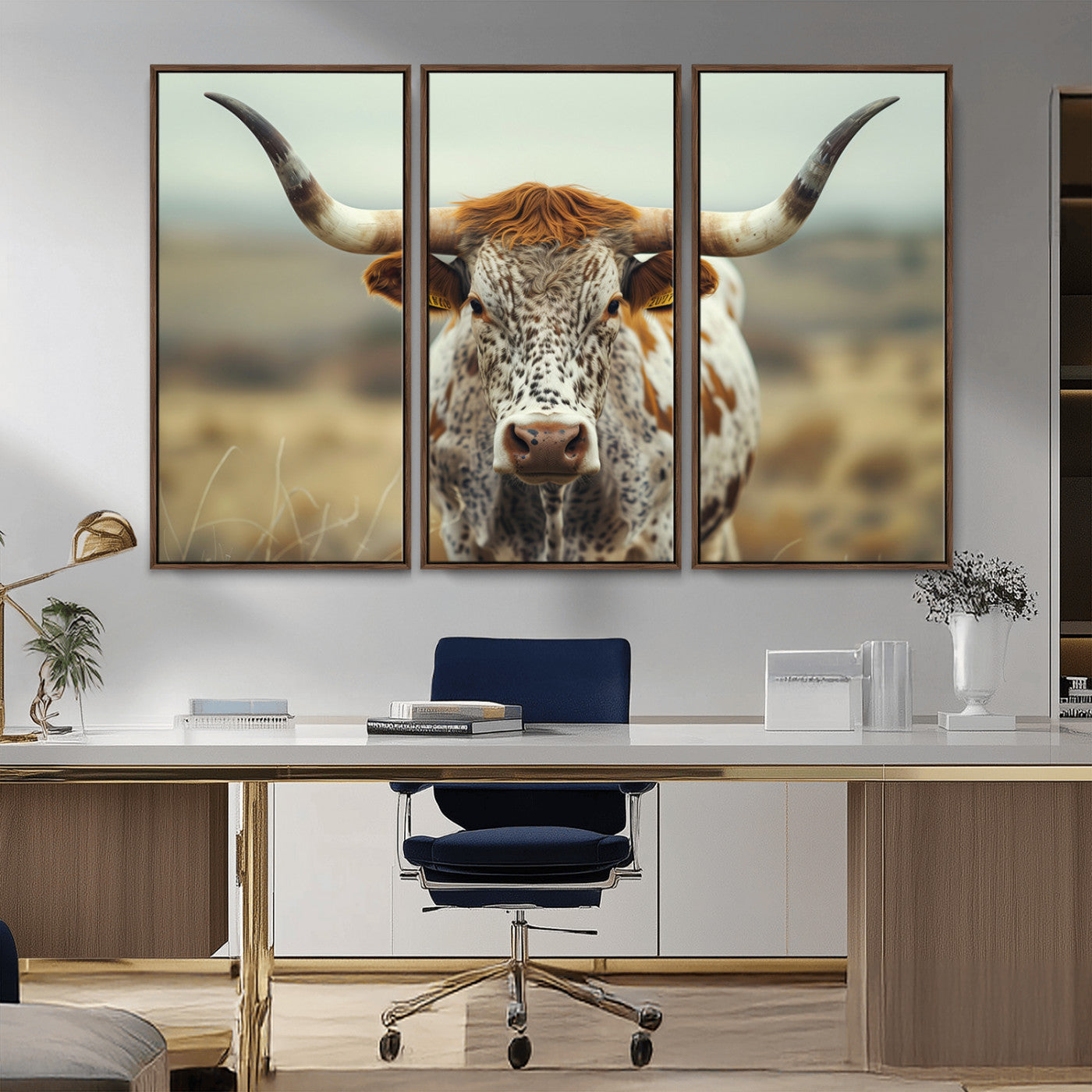 MGV-FC-48X32-3P - Texas Cow Longhorn Wall Art Canvas Print for Farm House Wall Decor, Farmhouse Wall Art Print