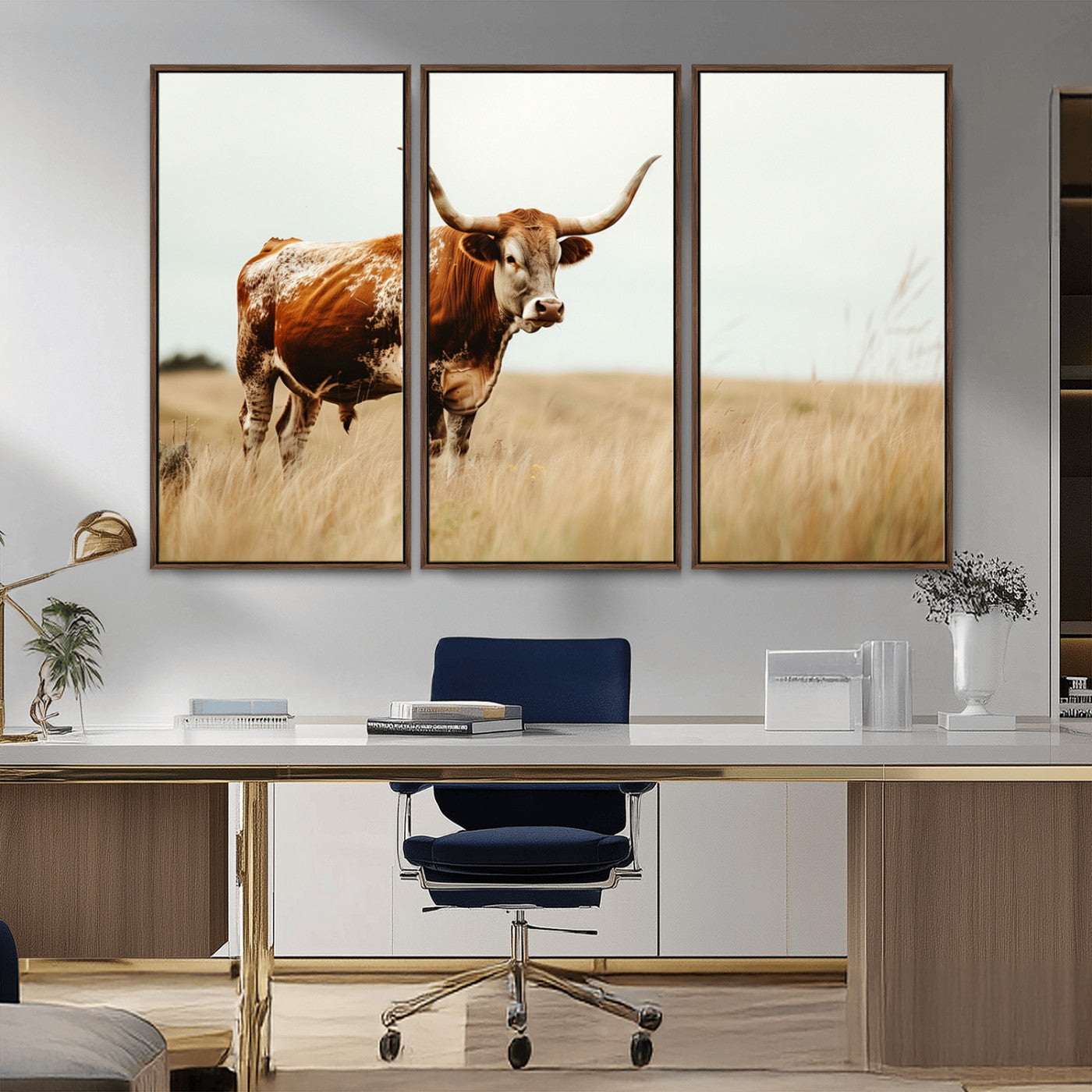 MGV-FC-48X32-3P - Texas Longhorn Canvas Wall Art Print – Majestic Western Cattle in Rustic Farmhouse Decor – Cow Wall