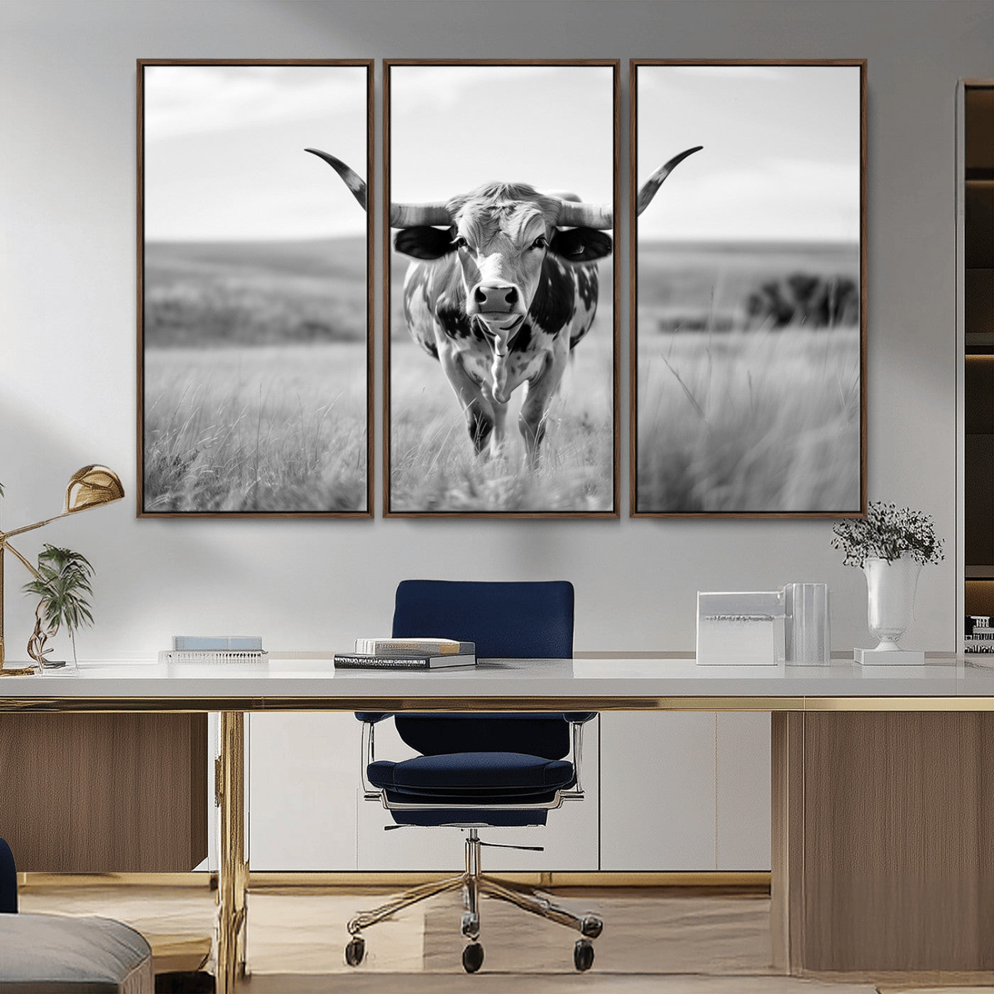 MGV-FC-48X32-3P - Texas Cow Longhorn Wall Art Canvas Print for Farm House Wall Decor, Farmhouse Wall Art Print