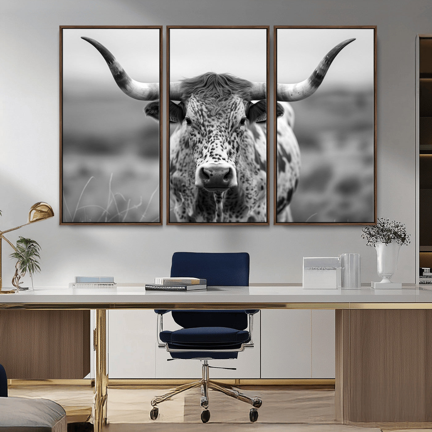MGV-FC-48X32-3P - Texas Cow Longhorn Wall Art Canvas Print for Farm House Wall Decor, Farmhouse Wall Art Print