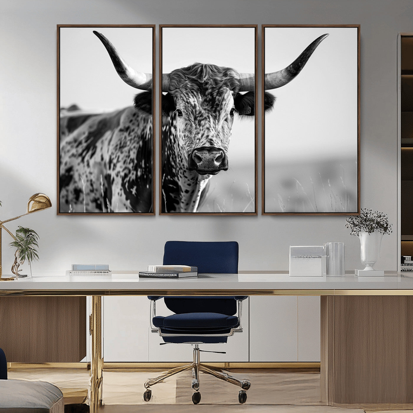 MGV-FC-48X32-3P - Texas Highland Cow Longhorn Canvas Print - Rustic Farmhouse Wall Art - Large Texas Longhorn