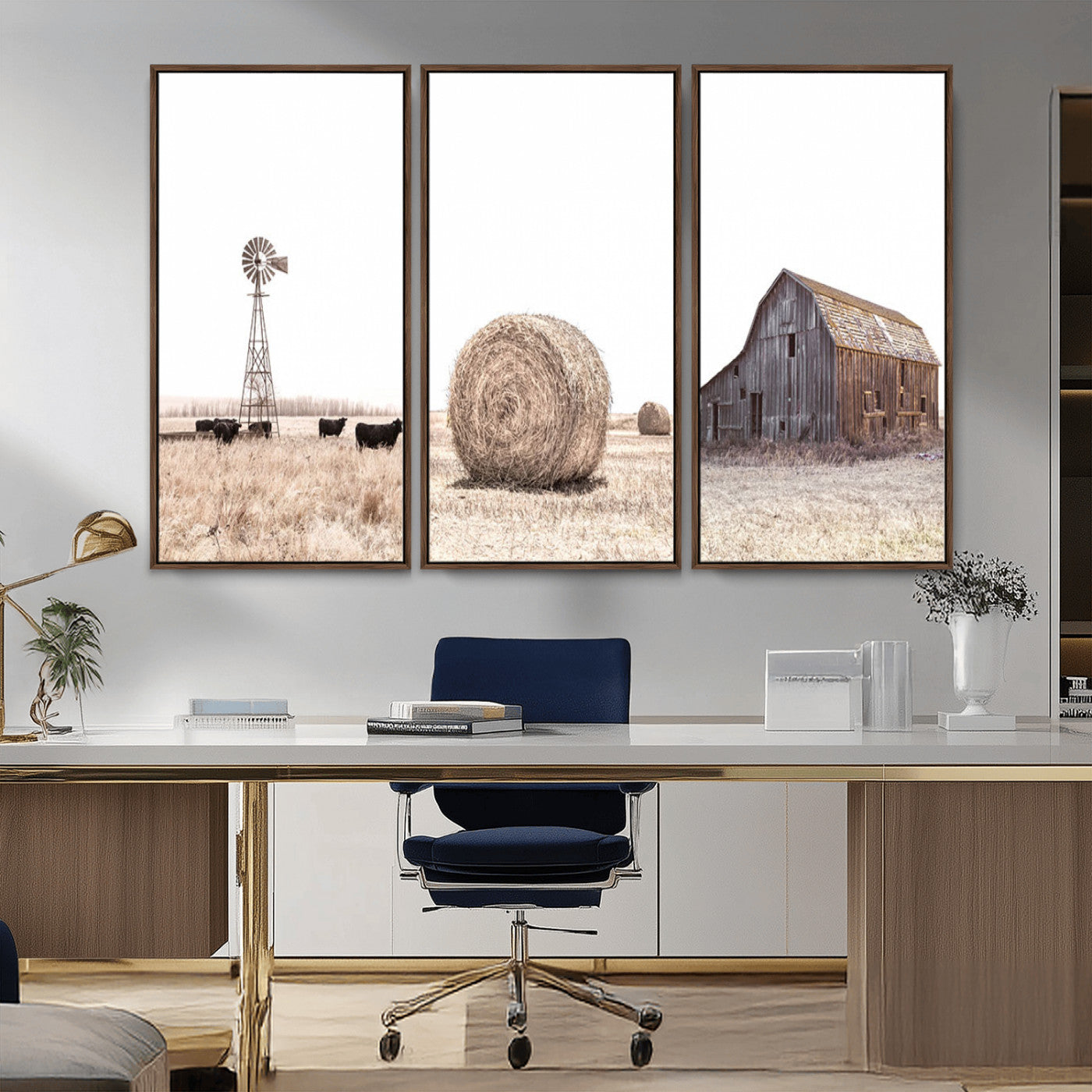 MGV-FC-48X32-3P - Rustic Farmhouse Wall Art Set of 3 – Country Barn and Wheat Field | Farm Prints for Country Home and