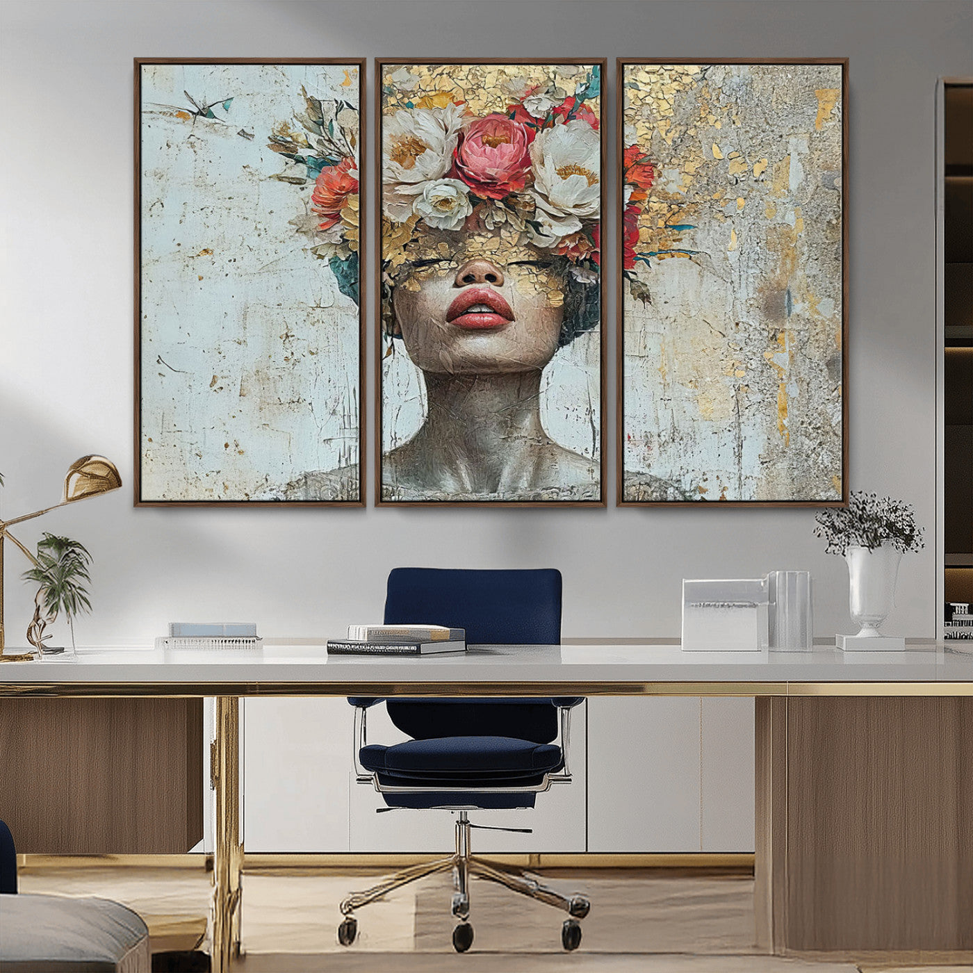 MGV-FC-48X32-3P - Golden Petal Wall Art Canvas Print - Silhouette Woman Wall Art Canvas Print, Floral Woman Portrait