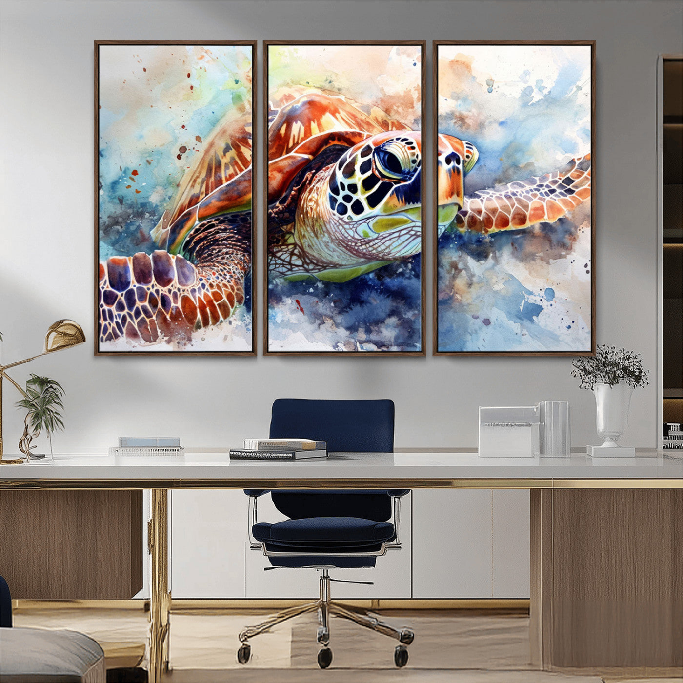 MGV-FC-48X32-3P - Watercolor Sea Turtle Wall Art Canvas Print - Vibrant Ocean Colors in Watercolor Style - Ready to