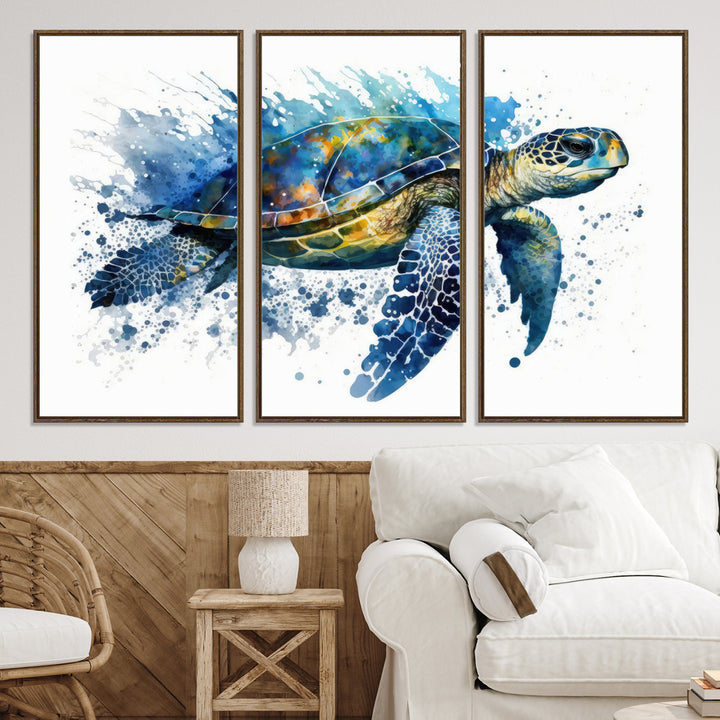 The Turtle Wall Art Print, featuring blue splashes, beautifully showcases Ocean Life.