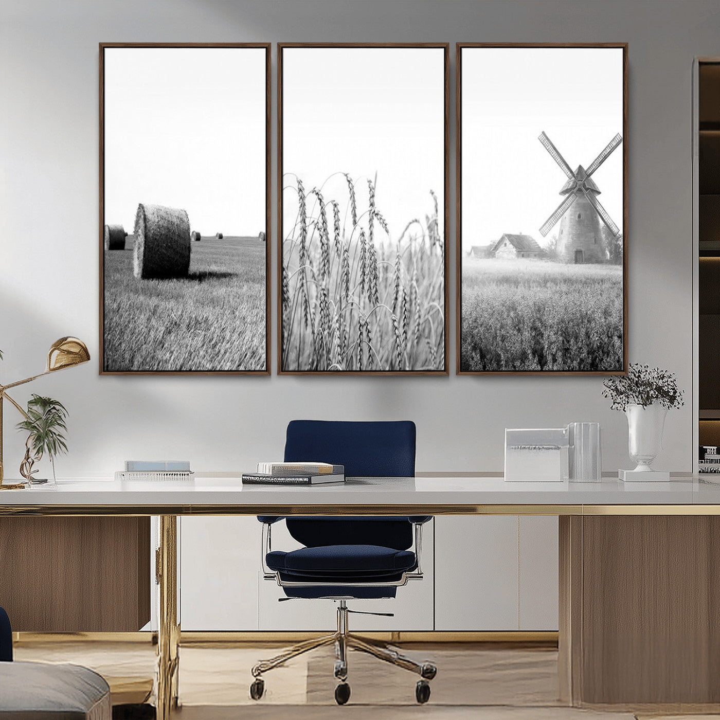 MGV-FC-48X32-3P - Vintage Farmhouse Black and White Triptych Wall Art – Giclee Canvas Featuring Wheat Fields, Hay
