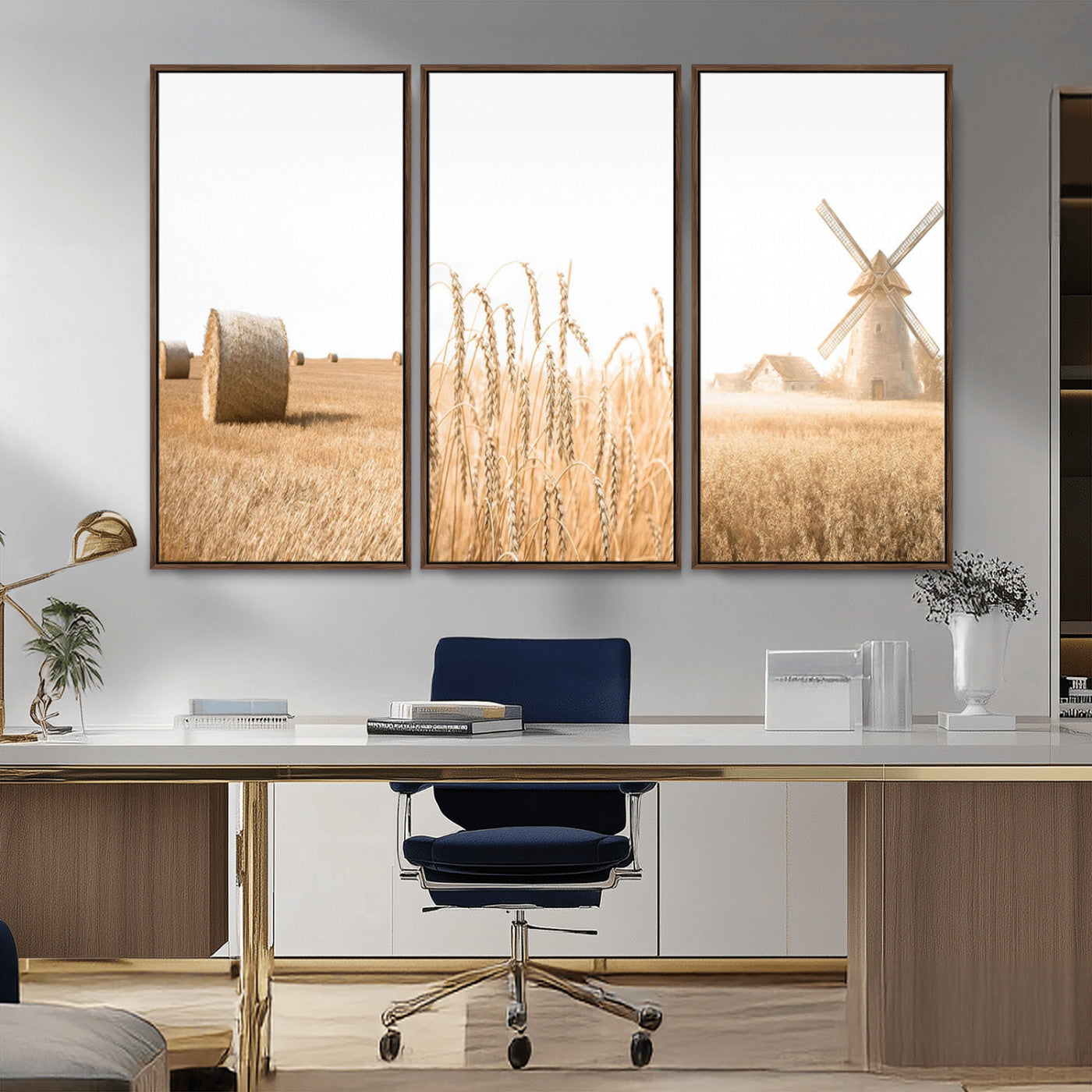 MGV-FC-48X32-3P - Vintage Farmhouse Triptych Wall Art – Giclée Canvas Featuring Wheat Fields, Hay Bales, and a