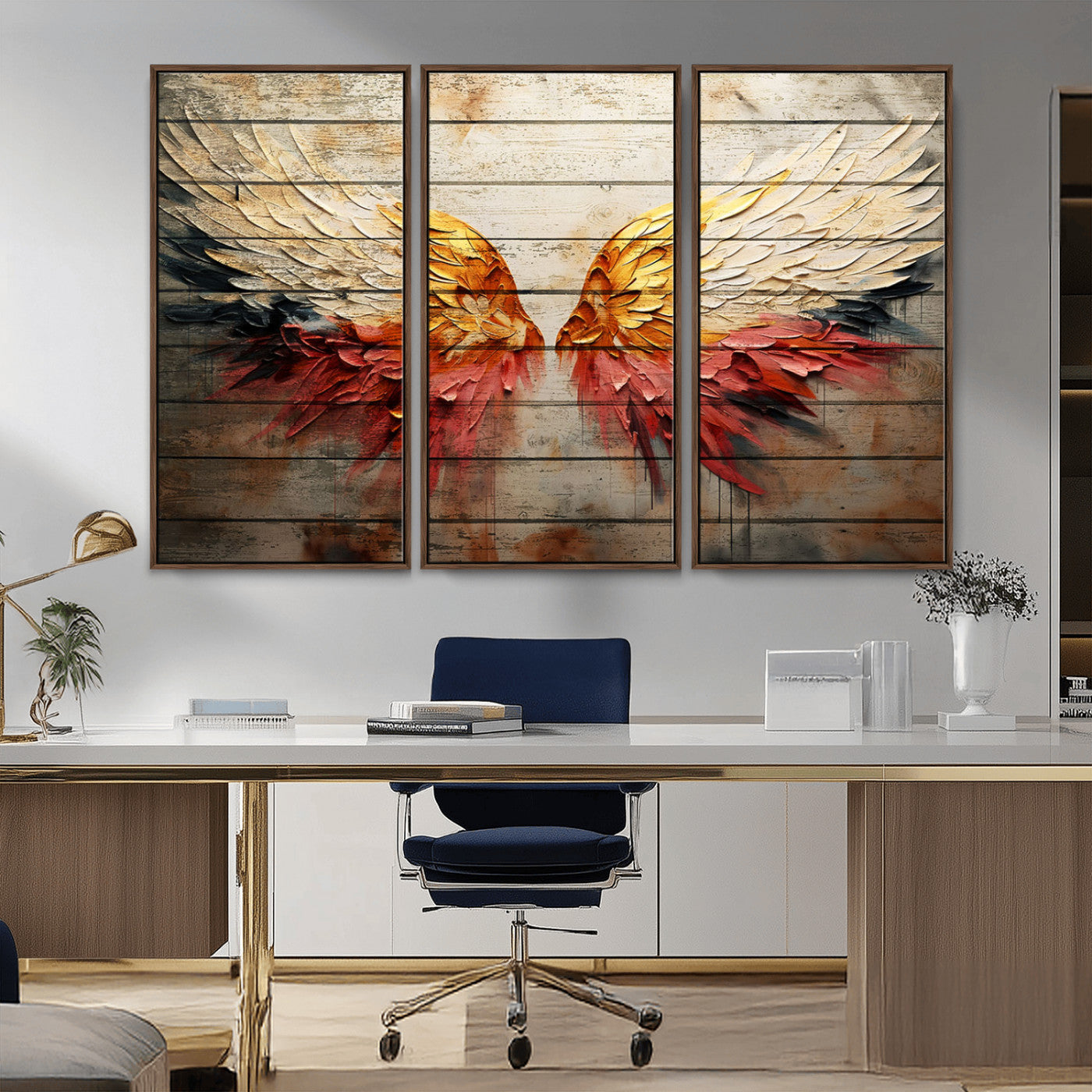 MGV-FC-48X32-3P - Abstract Angel Wings Canvas Wall Art – Framed and Ready to Hang Modern Angelic Wings Decor for